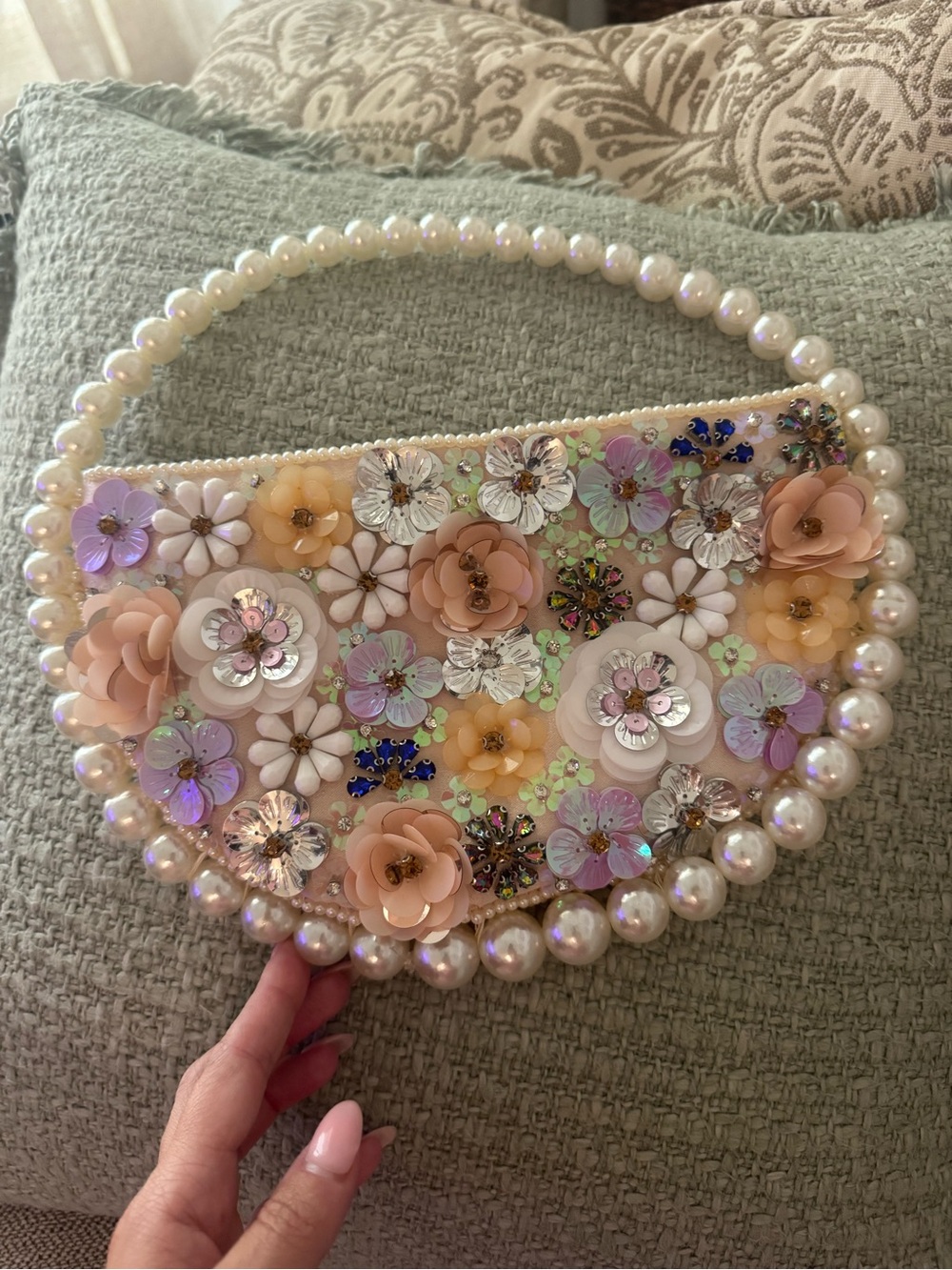Pearl-Handle Floral Sequined & Beaded Purse
